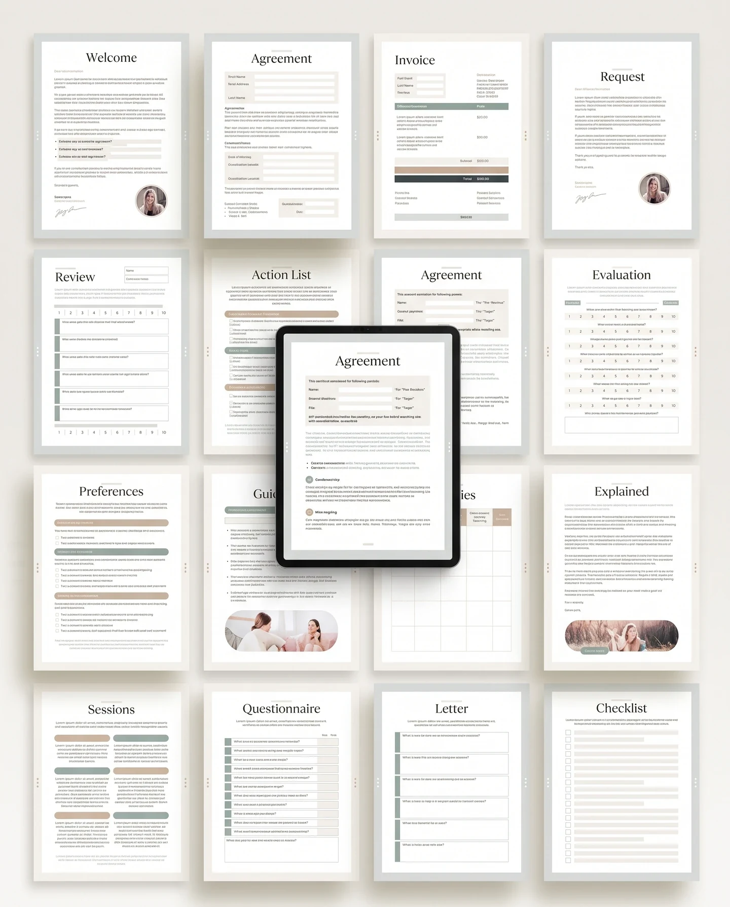 Life Coaching Kit client forms and onboarding pages in one matching design