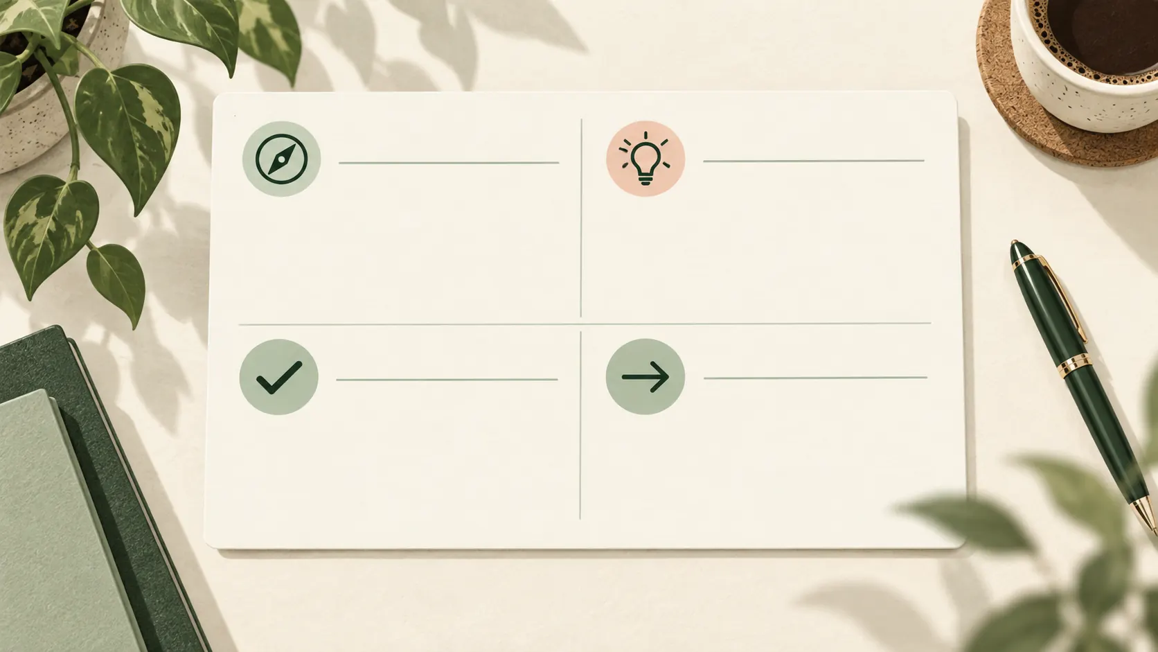 Four blank note sections suggest focus, insight, action, and next-session follow-up