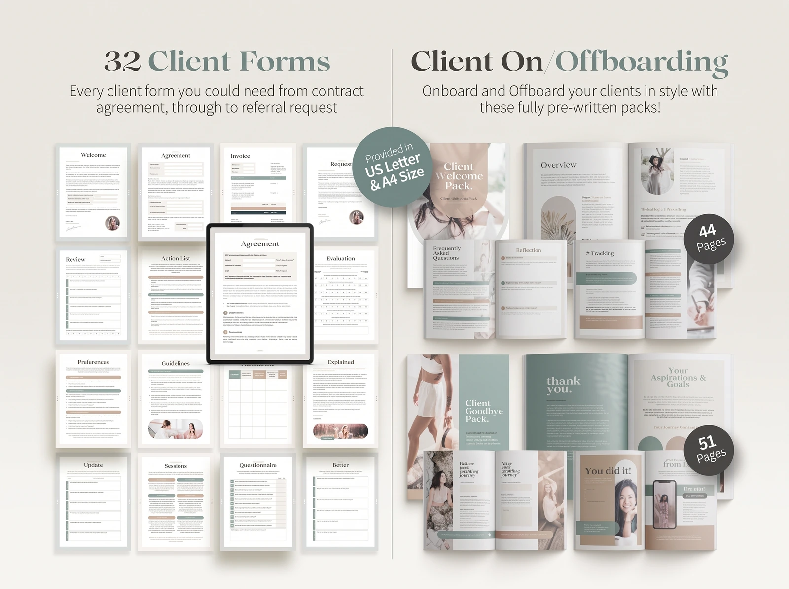 Client forms and on/offboarding packs: agreement, intake, evaluation and a 44-page welcome pack