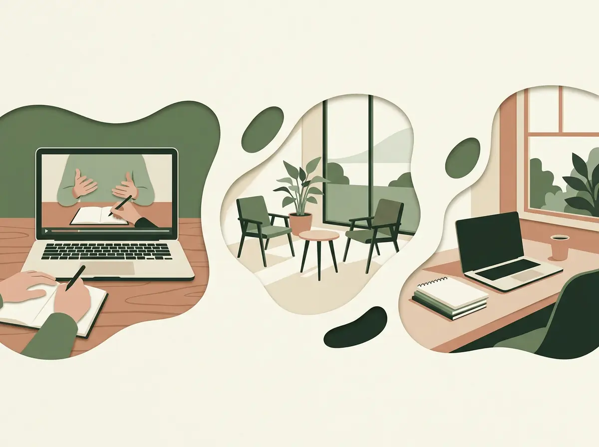 An illustration of online coaching, a rented meeting room, and a home desk